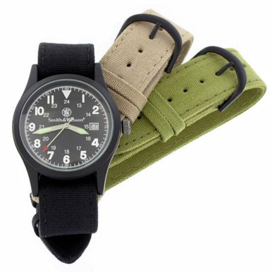 Smith & Wesson Military Watch with Nylon Strap Water Resistant Black Face Black, Tan, Olive Drab Straps SWW-1464-BK