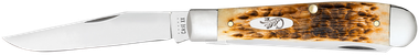 Case 00164 TrapperMedium 3.25"/3.27" Folding Clip Point/Spey Plain Mirror Polished Tru-Sharp SS Blade Peach Seed Jigged Amber Bone Handle