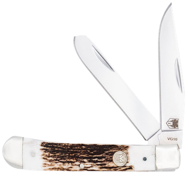 CobraTec Knives CTTDTRPSTAG TrapperFolding 2.88" Clip Point, 2.94" Spey Plain Polished VG-10 SS Blades, 4.44" Stag Bone Scales/SS Handle