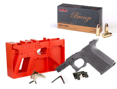 Polymer 80 PF940C 80% Compact Pistol Frame Kit V1- Gray | Compatible with Glock 19/23 Gen 3 Bundled w/ PMC Bronze 9mm Luger Handgun Ammo - 115 Grain | FMJ | 50rd Box