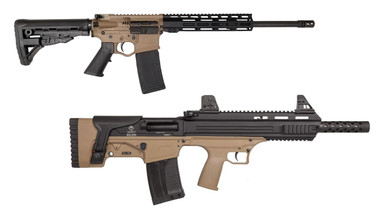 ATI OMNI HYBRID MAXX P3P AR Rifle - FDE | 5.56 NATO | 16" barrel | 10" M-LOK Bundled w/ One ATI Bulldog Bullpup Semi-Auto Shotgun - Tan | 12ga | 18.5" Barrel | Ported Barrel Shroud