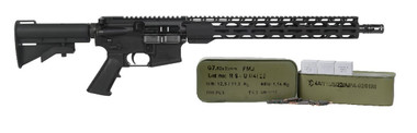 Radical Firearms Forged AR15 Rifle - Black | 7.62x39 | 16" Heavy Barrel | 15" Free Float M-LOK Thin Rail | CAR-15 Style Stock Bundled w/ One 700rd Tin of Century Arms Romanian Made 7.62x39 Rifle Ammo - 123gr Lead Core FMJ | Steel Case