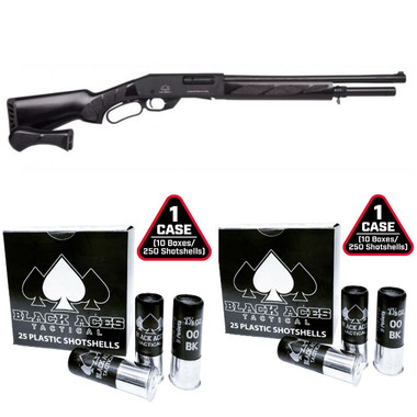 Black Aces Tactical Pro Series L Lever Action Shotgun - Black | 12ga | 18.5" Barrel | Black Furniture & 2 cases of Black Aces Tactical 12ga Buckshot 2.75 inch Shotgun Shells - 9 pellets | 00 Buck | 1425 fps | Zinc coated steel casing