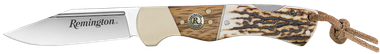 Remington Accessories 15654 Guide Lock Back 4.00" Folding V-Flat Stainless Steel Blade, Stag Bone Handle w/Remington Shield, Nickle Silver Bolsters, Includes Leather Lanyard