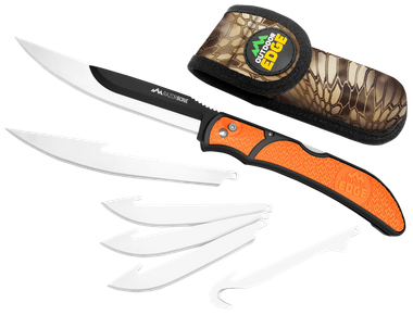 Outdoor Edge RBB20C RazorBone6 Blades, Folding 3.40" Gut Hook/3.50" Drop Point/5" Fillet Satin/Black Oxide 420J2 SS Blades, Blaze Orange Textured Grivory w/TPR Inserts Handle