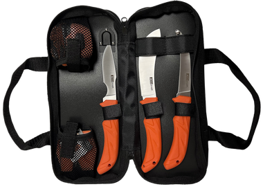 AccuSharp 738C Processing KitFixed Butcher/Caping/Gutting Plain Stainless Steel Blades/Blaze Orange Non-Slip Grip 6 Piece Includes Nylon Case