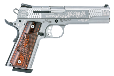 Smith & Wesson 10270 1911 E-Series Full Size Frame 45 ACP 8+1, 5" Stainless Steel Barrel, Glass Bead w/Engraving Serrated SS Slide, Matte Silver Engraved SS Frame w/Beavertail, Ambidextrous