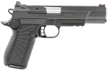 Wilson Combat SFX9FSR5 SFX99mm Luger 15+1 5" Stainless Match Grade Barrel, Black DLC Serrated Stainless Steel Slide, Black Aluminum Frame w/Beavertail & Picatinny Rail, Black Polymer Grip