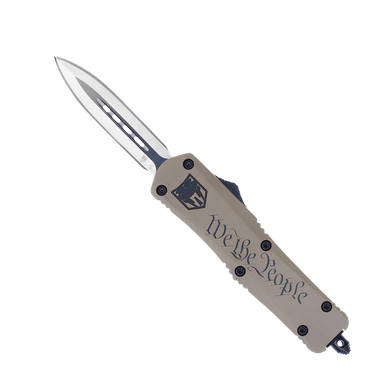 CobraTec Knives MWTPFS3DAGNS We The PeopleMedium 3" OTF Dagger Plain D2 Steel Blade/Tan w/"We The People" Features Glass Breaker Includes Pocket Clip