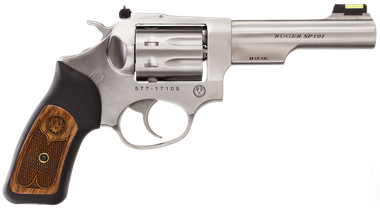 Ruger 5765 SP10122 LR 8rd 4.20" Satin Stainless Steel Barrel, Cylinder & Frame, Black Rubber w/Wood Insert Grip, Transfer Bar Safety, Exposed Hammer