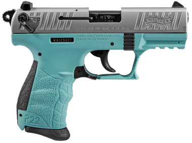 Walther Arms 5120362 P22 *CA Compliant 22 LR 10+1 3.42" Stainless Steel Serrated/Steel Slide, Angel Blue Polymer Frame w/Picatinny Rail, Black Interchangeable Backstrap Grips