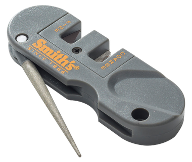 Smiths Products PP1 Pocket Pal Knife Sharpener Hand Held Fine, Medium, Coarse Carbide, Ceramic, Diamond Sharpener Plastic Handle Gray