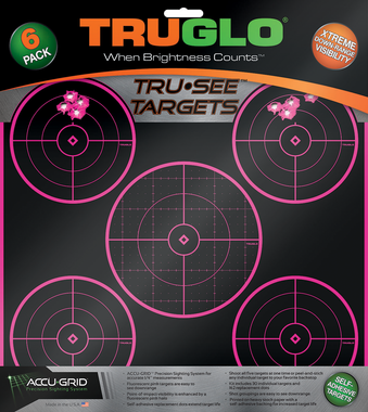TruGlo TG11P6 Tru-See 5-Bull Target Self-Adhesive Heavy Paper Black/Pink 12"x12" 6 Pack