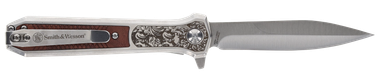 Smith & Wesson Knives 1205011 Unwavered3.50" Folding Dagger, Plain Stonewashed 8Cr13MoV SS Blade, 4.25" Rosewood w/SS Scales Handle