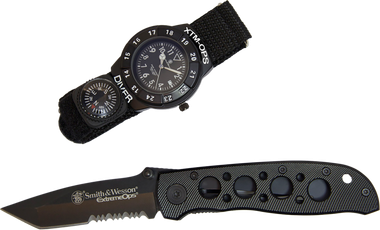 S&W SWXTMOPS2 S&W Extreme Ops Combo 3.18" Folding Plain Black 420 Stainless Steel Blade, Black Handle, Watch w/Compass