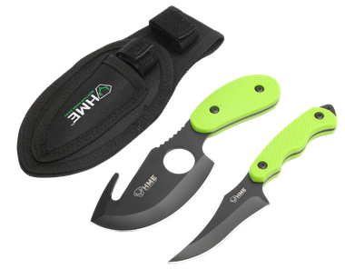 HME HMEKN2PSGC Skinning Kit3.50" Fixed Skinner w/Gut Hook/Caping Plain/Gut Hook Black Oxide 420HC Blade, TPR Green Handle