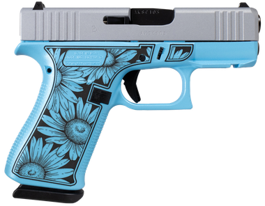 Glock UX4350204FRDAISYBLUE G43X FR Miss Daisy Slim Sub-Compact Frame 9mm 10+1 3.41" Black GMB Barrel, Serrated Steel Slide, Blue Cerakote Polymer Frame w/Black Daisy Laser Engraving Grip, Front Rail