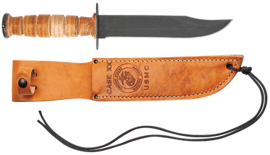 Case 00334 USMC7" Fixed Clip Point Plain Blackened 1095 Carbon Steel Blade Grooved Leather Handle