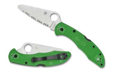SpydercoSalt 23" Folding Clip Point Serrated H1 Steel Blade Green Bi-Directional Texturing FRN Handle Includes Pocket Clip