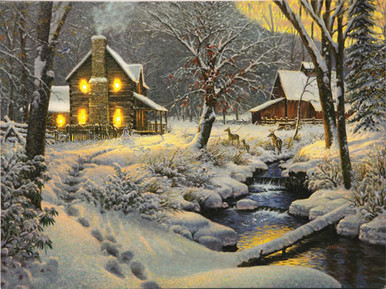 Rivers Edge Led Wrapped Canvas - Art 16"x12" Warm & Cozy W/deer